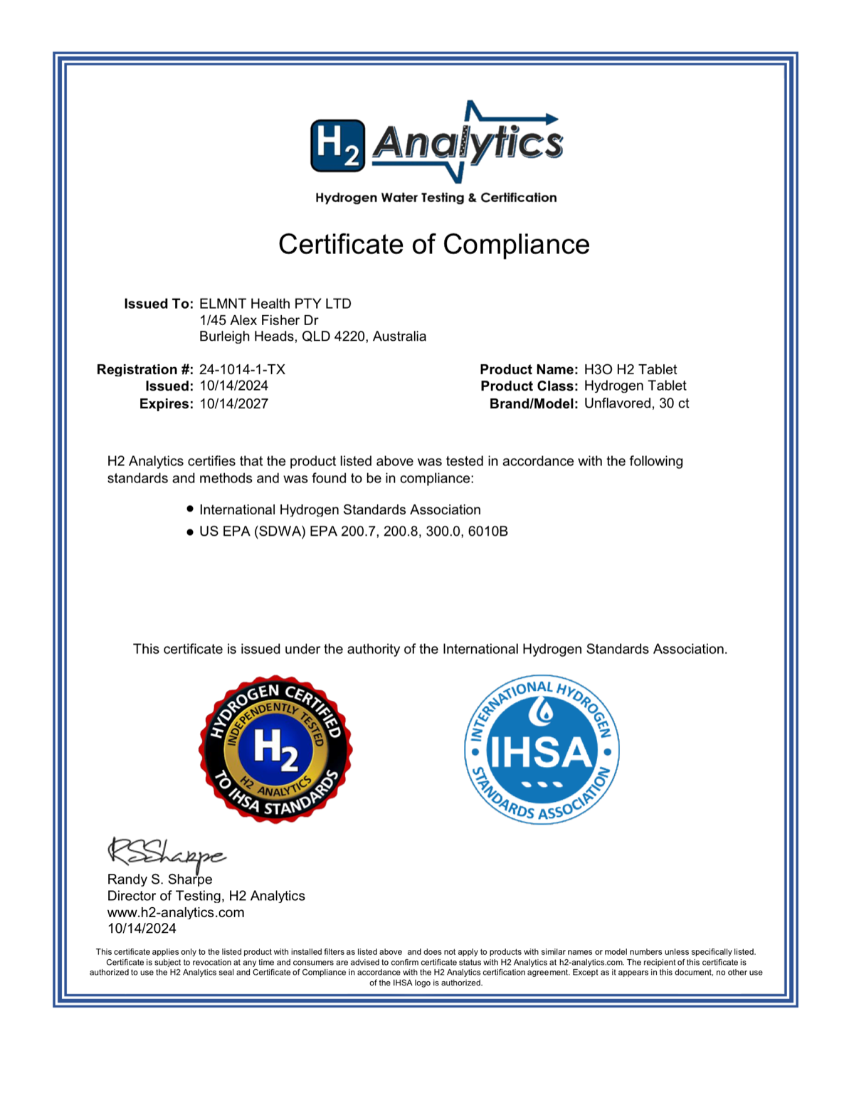 ELMNT Health H2 Tablet Natural - H2 Analytics Certificate of Compliance