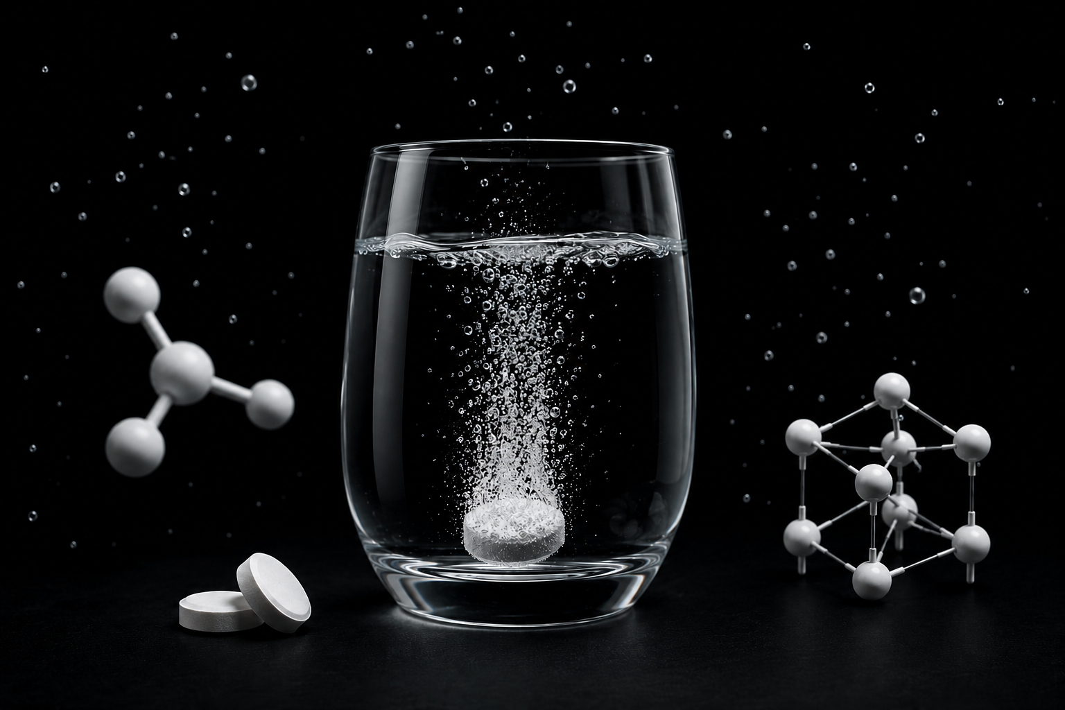 Hydrogen water tablet dissolving in a glass of water with molecular hydrogen-inspired visuals on a dark background, representing modern hydrogen-infused hydration and science-led wellness.