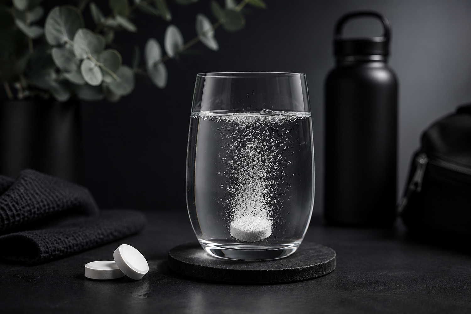 Lifestyle image of a hydrogen water tablet dissolving in a glass of water beside modern wellness essentials, representing clean hydrogen-infused hydration and a premium daily hydration routine.