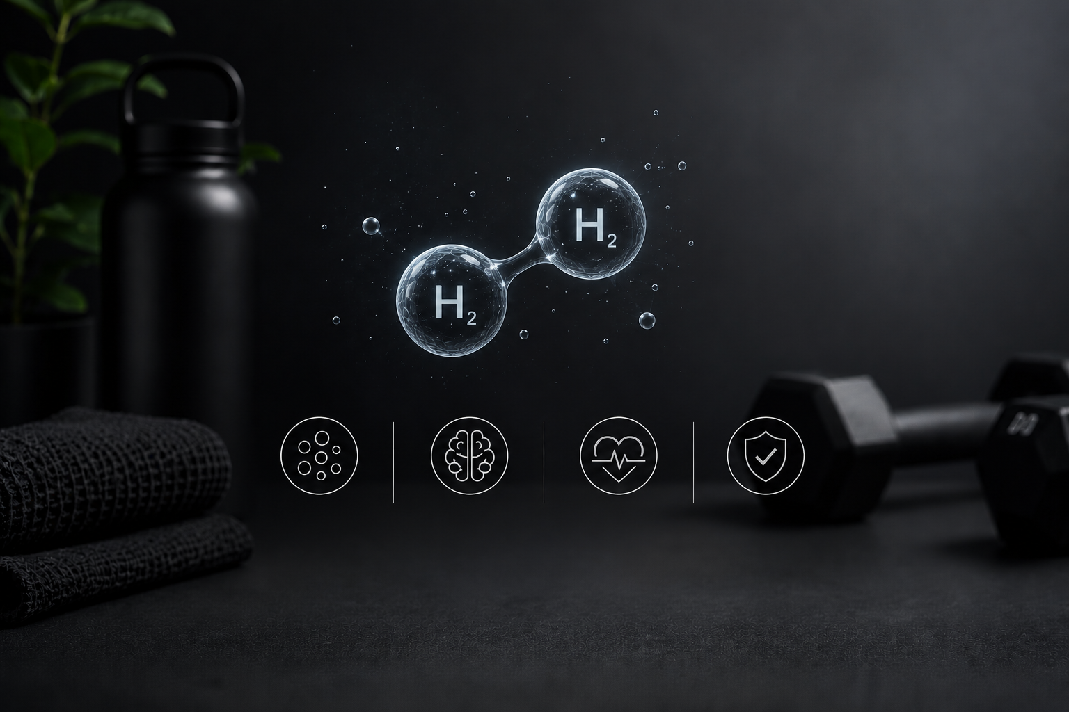 Modern molecular hydrogen wellness concept featuring futuristic H2 graphics, fitness and hydration lifestyle elements, and a premium dark science-inspired background representing hydrogen-infused hydration and modern wellness innovation.