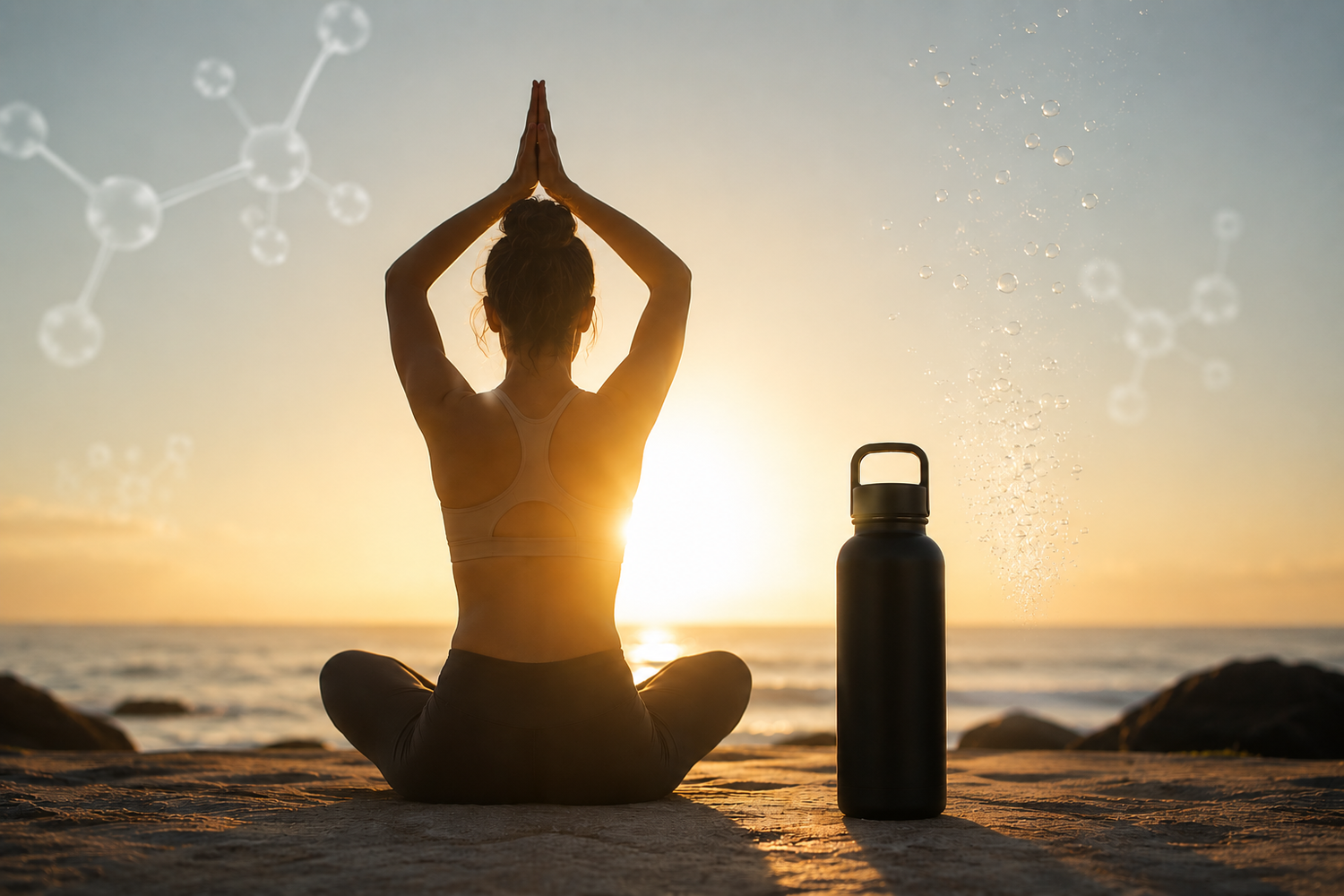Woman meditating at sunrise beside a minimalist black water bottle on the beach, with subtle molecular hydrogen visuals and a premium wellness aesthetic representing modern hydration, mindfulness, and intentional daily wellness routines.