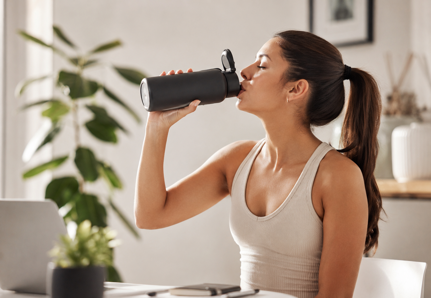 Woman drinking from a minimalist black water bottle in a modern home workspace, representing clean daily hydration habits, wellness routines, and a balanced modern lifestyle.