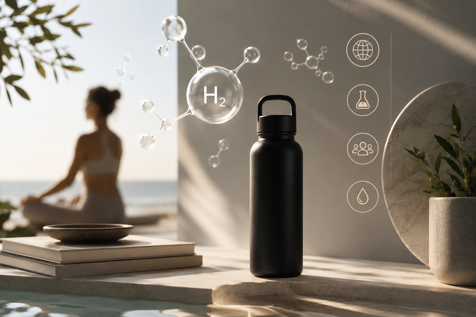 Modern wellness lifestyle scene featuring a minimalist black water bottle, molecular hydrogen-inspired visuals, and calming premium interiors representing the global rise of hydrogen-infused hydration, science-led wellness, and intentional daily routines.